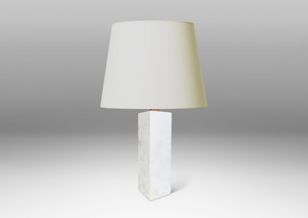 Gallery BAC medium scale square pillar forms with small conical stands; marble and teak
