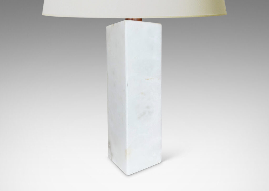 Gallery BAC medium scale square pillar forms with small conical stands; marble and teak