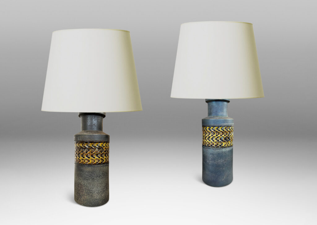Gallery BAC rationalized canister form in matte brown, with wide bands with impressed ornaments glazed in a gloss coffee brown