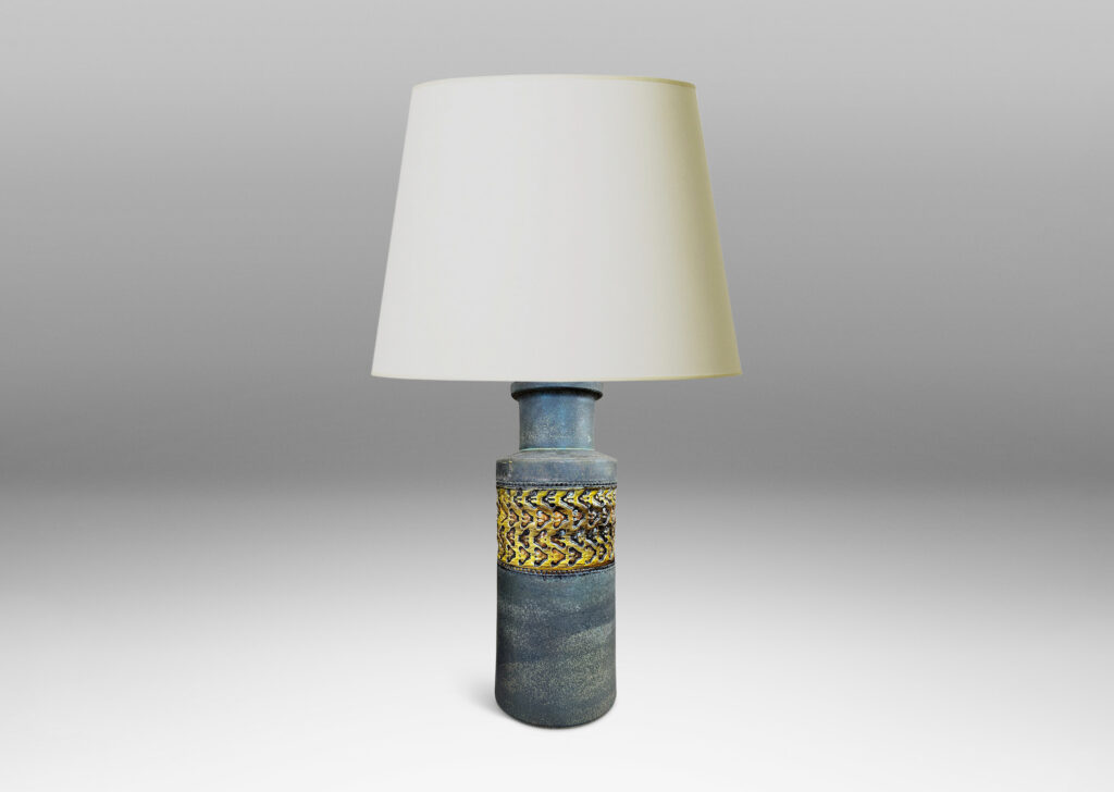 Gallery BAC rationalized canister form in matte brown, with wide bands with impressed ornaments glazed in a gloss coffee brown