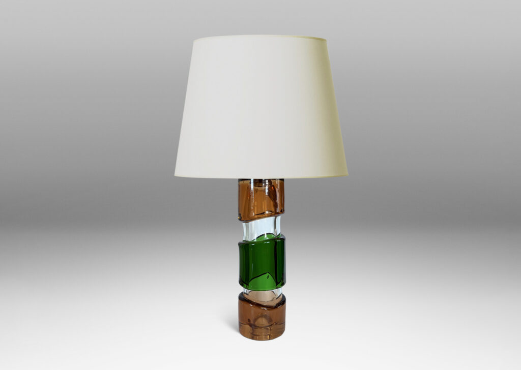 Gallery BAC tall cylindrical form in clear glass, with applied thick organic bands in green and light brown