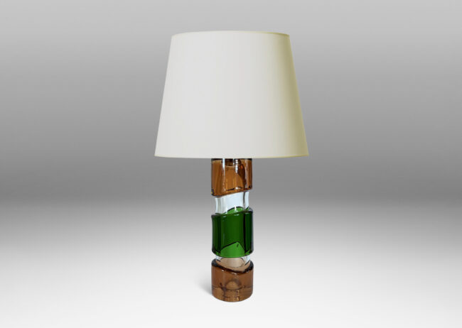 Gallery BAC tall cylindrical form in clear glass, with applied thick organic bands in green and light brown