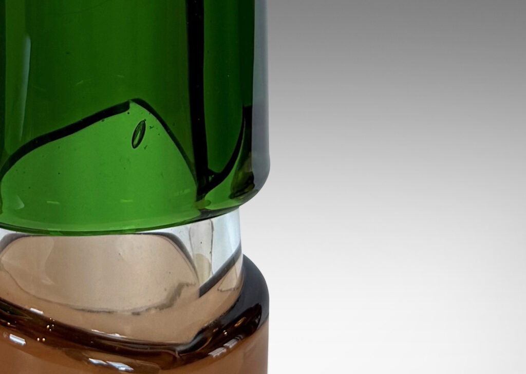 Gallery BAC tall cylindrical form in clear glass, with applied thick organic bands in green and light brown