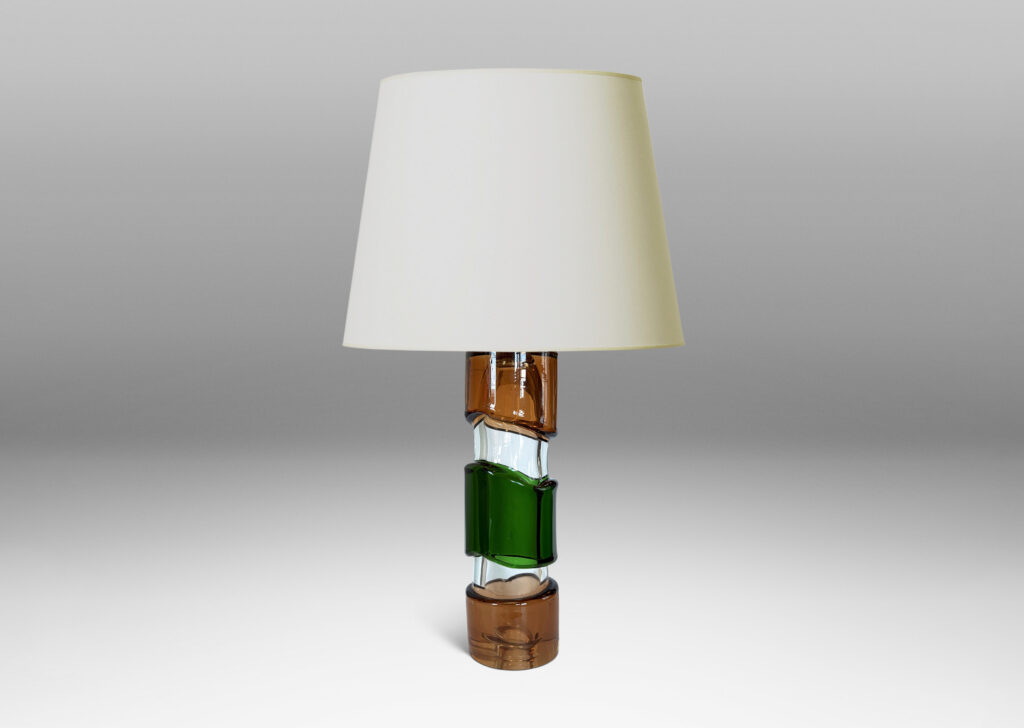 Gallery BAC tall cylindrical form in clear glass, with applied thick organic bands in green and light brown
