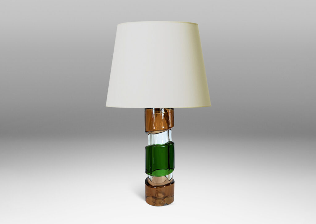 Gallery BAC tall cylindrical form in clear glass, with applied thick organic bands in green and light brown