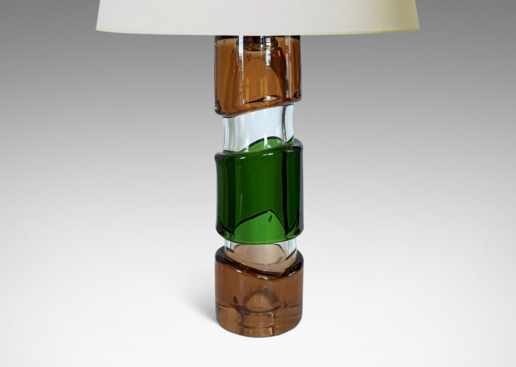 Gallery BAC tall cylindrical form in clear glass, with applied thick organic bands in green and light brown