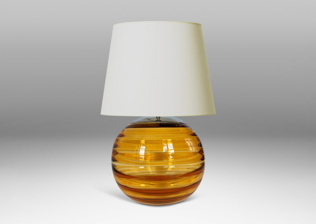 Gallery BAC globe form with internal horizontal banding, hand-blown in orange tint glass, steel mount