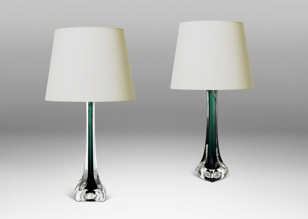 Gallery BAC organically modeled slender square stands with flared bases, in alpine green and transparent glass