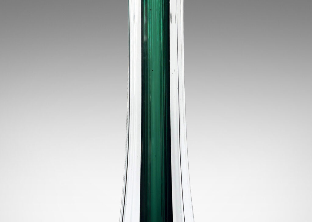 Gallery BAC organically modeled slender square stands with flared bases, in alpine green and transparent glass