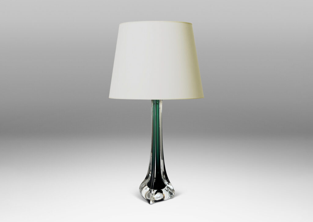 Gallery BAC organically modeled slender square stands with flared bases, in alpine green and transparent glass