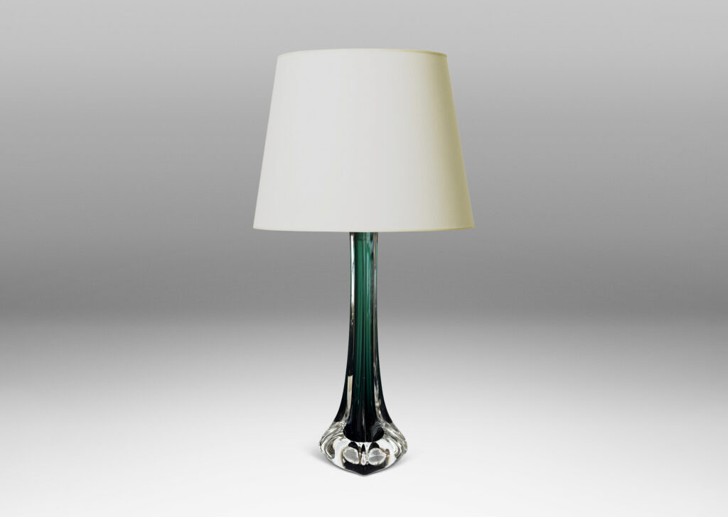 Gallery BAC organically modeled slender square stands with flared bases, in alpine green and transparent glass