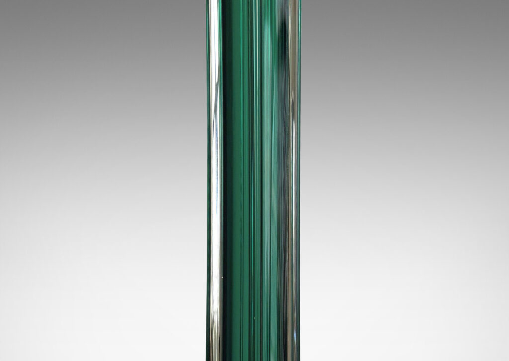Gallery BAC organically modeled slender square stands with flared bases, in alpine green and transparent glass
