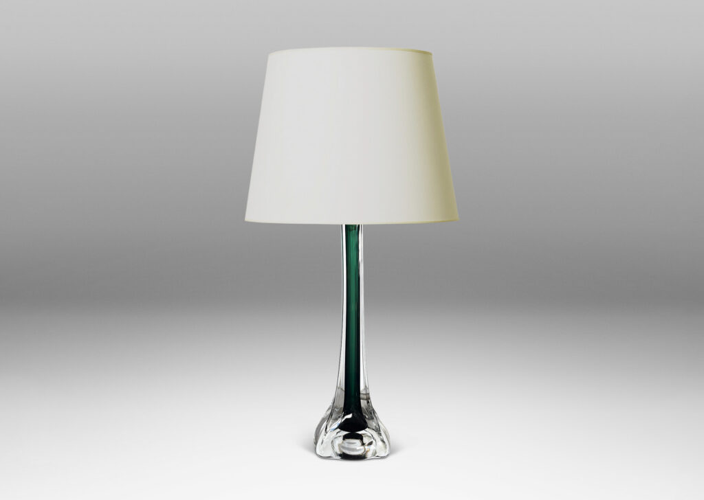 Gallery BAC organically modeled slender square stands with flared bases, in alpine green and transparent glass
