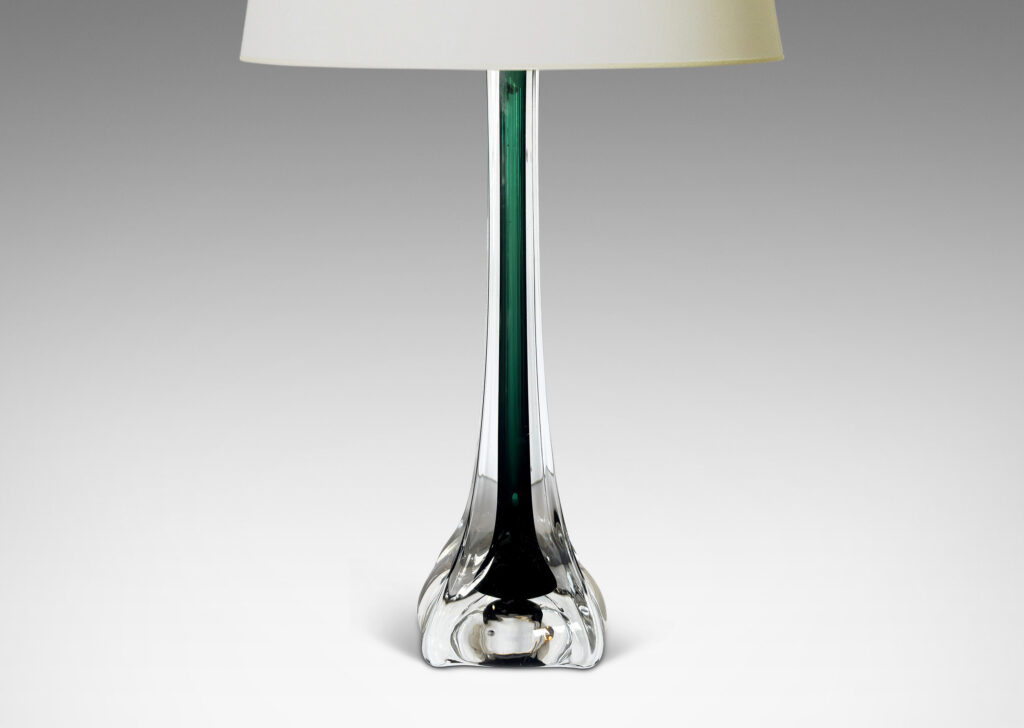 Gallery BAC organically modeled slender square stands with flared bases, in alpine green and transparent glass