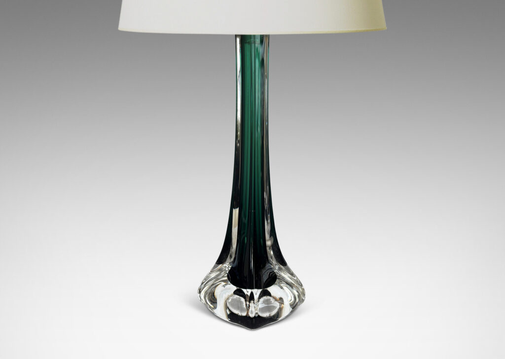 Gallery BAC organically modeled slender square stands with flared bases, in alpine green and transparent glass