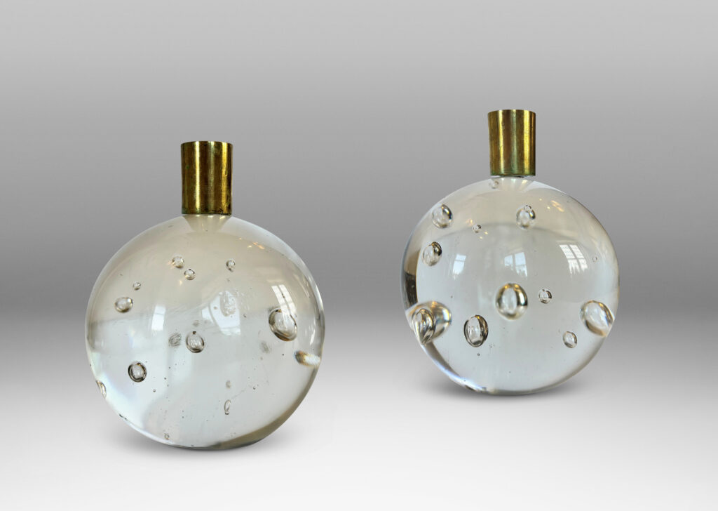 Gallery BAC hand-formed bubble glass spheres with cuff sockets; crystal and brass