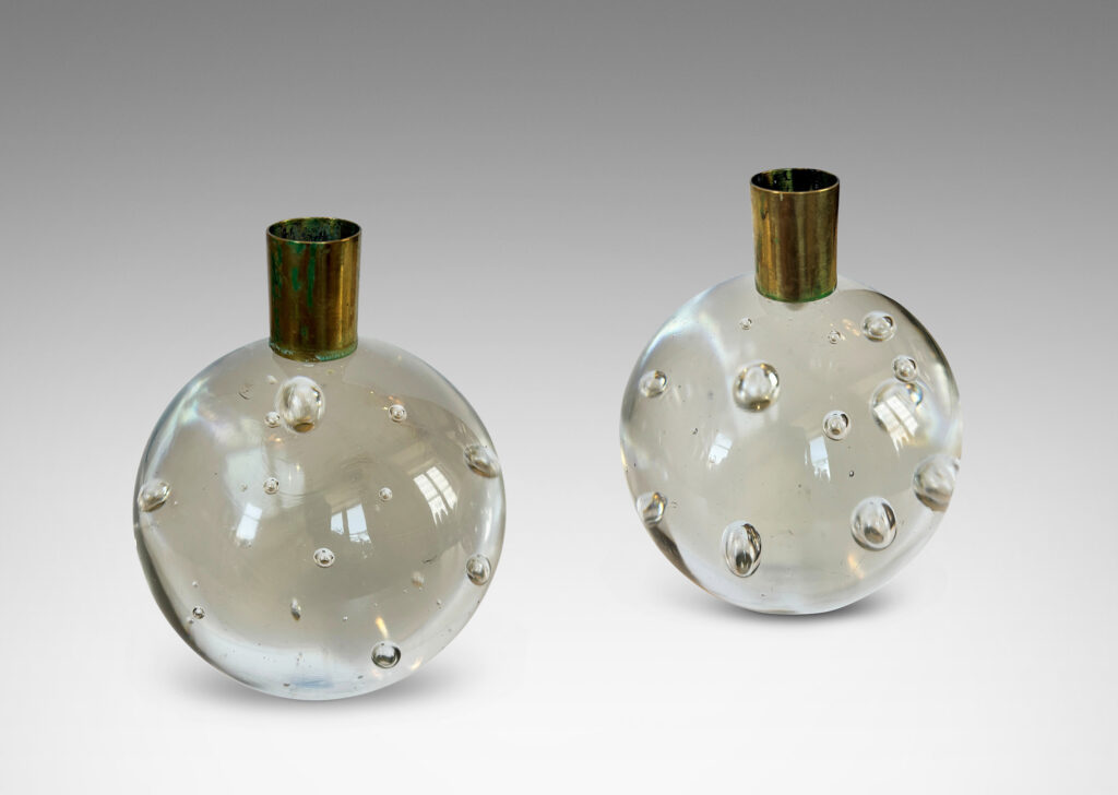 Gallery BAC hand-formed bubble glass spheres with cuff sockets; crystal and brass