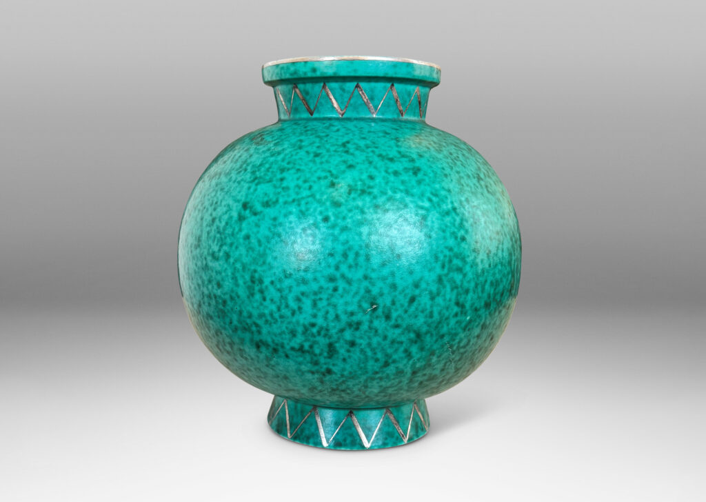 Gallery BAC plump globe form with flanged neck and base, glazed in a mottled blue-green
