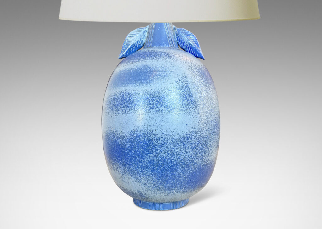 Gallery BAC ovoid forms with stem-like neck and leaves in high relief, glazed in light to deep tonal French blue