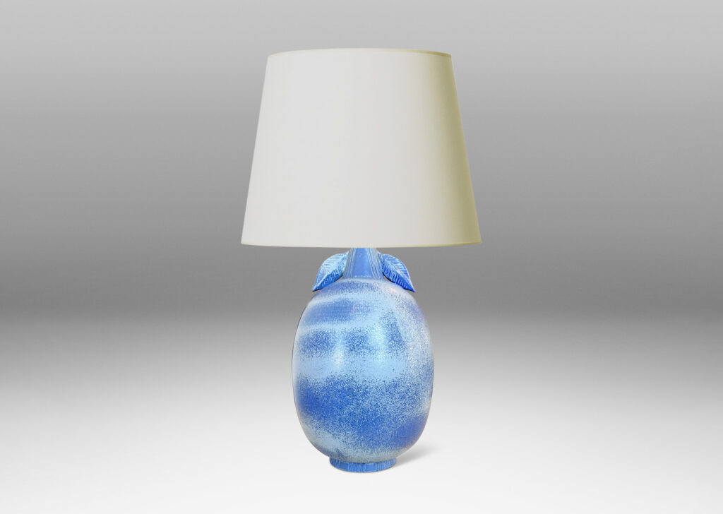 Gallery BAC ovoid forms with stem-like neck and leaves in high relief, glazed in light to deep tonal French blue