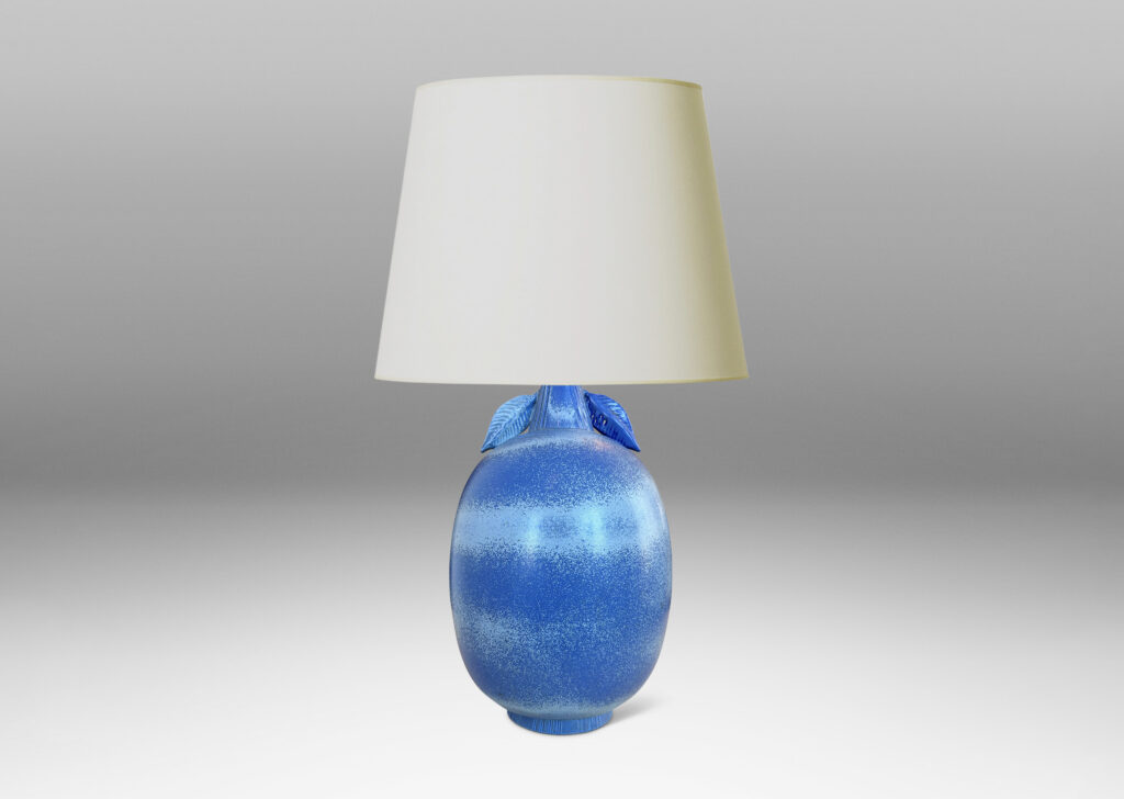 Gallery BAC ovoid forms with stem-like neck and leaves in high relief, glazed in light to deep tonal French blue