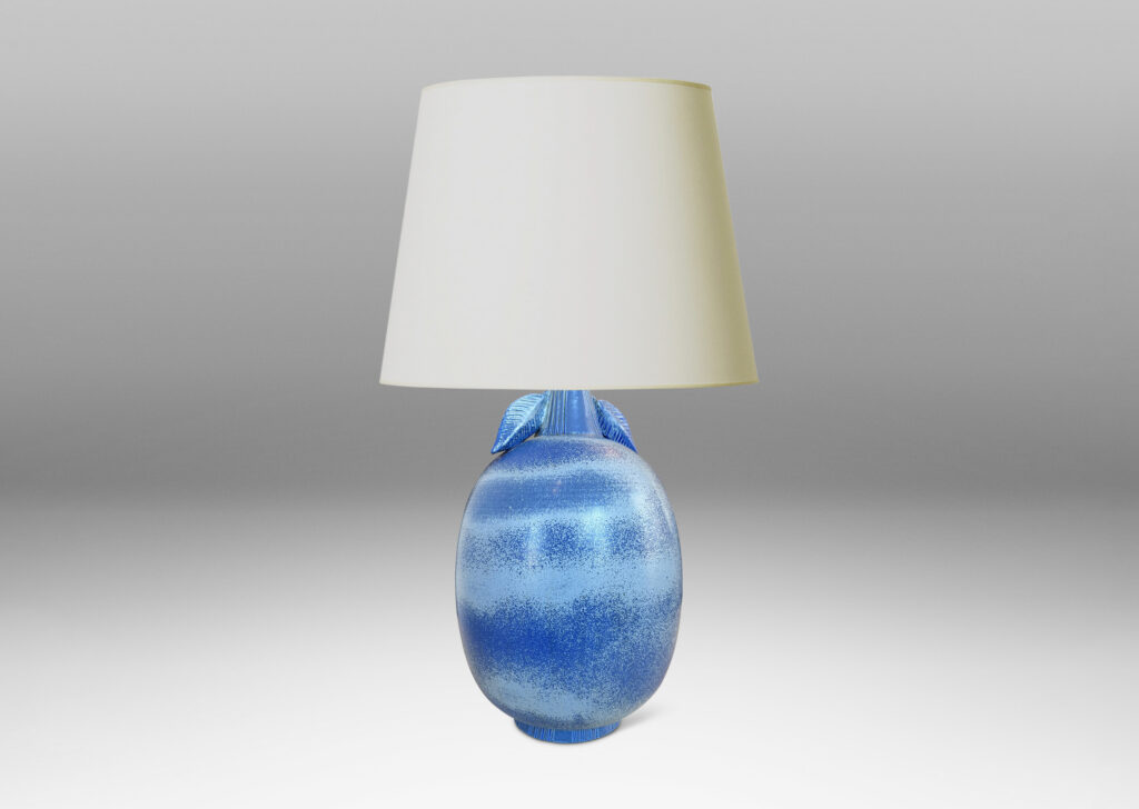 Gallery BAC ovoid forms with stem-like neck and leaves in high relief, glazed in light to deep tonal French blue