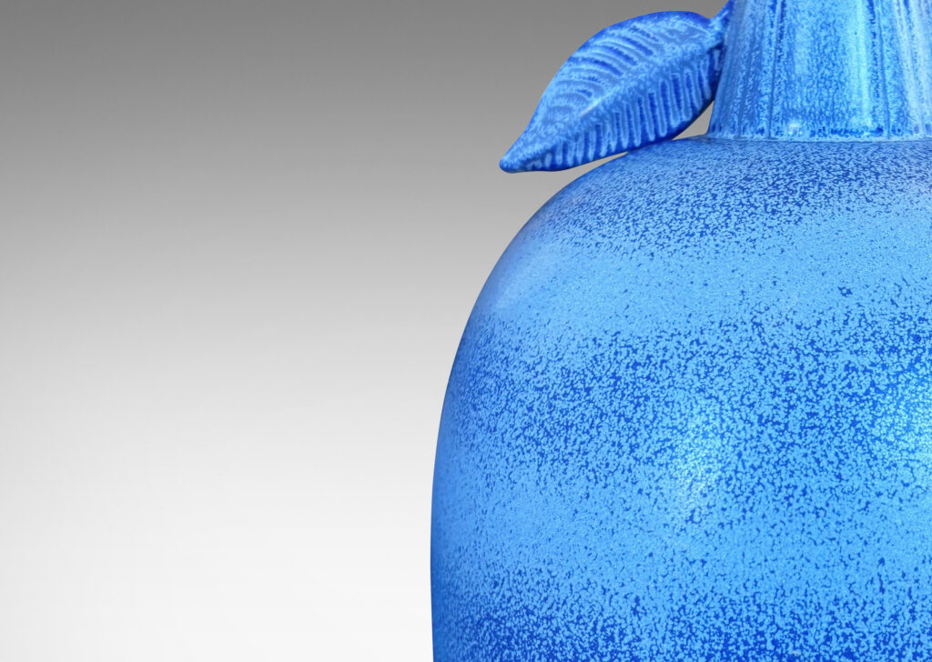 Gallery BAC ovoid forms with stem-like neck and leaves in high relief, glazed in light to deep tonal French blue