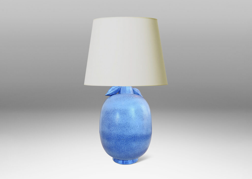 Gallery BAC ovoid forms with stem-like neck and leaves in high relief, glazed in light to deep tonal French blue