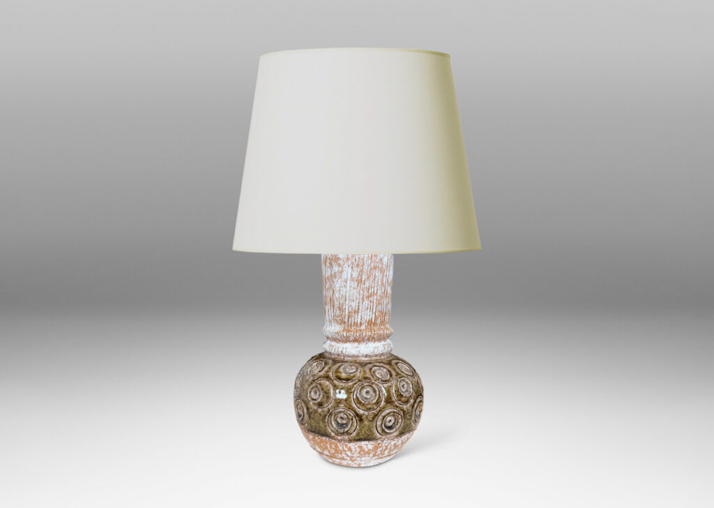 Gallery BAC plump globe forms with carved circle motifs glazed in shiny olive green-gray, and wide textured necks in partial white glaze