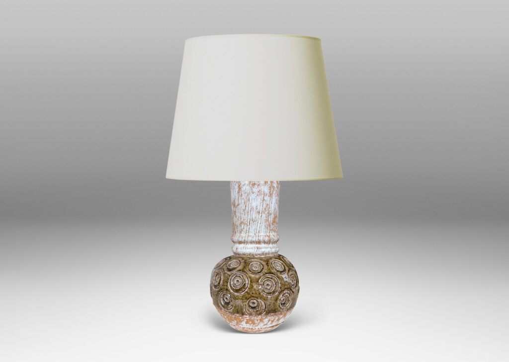 Gallery BAC plump globe forms with carved circle motifs glazed in shiny olive green-gray, and wide textured necks in partial white glaze