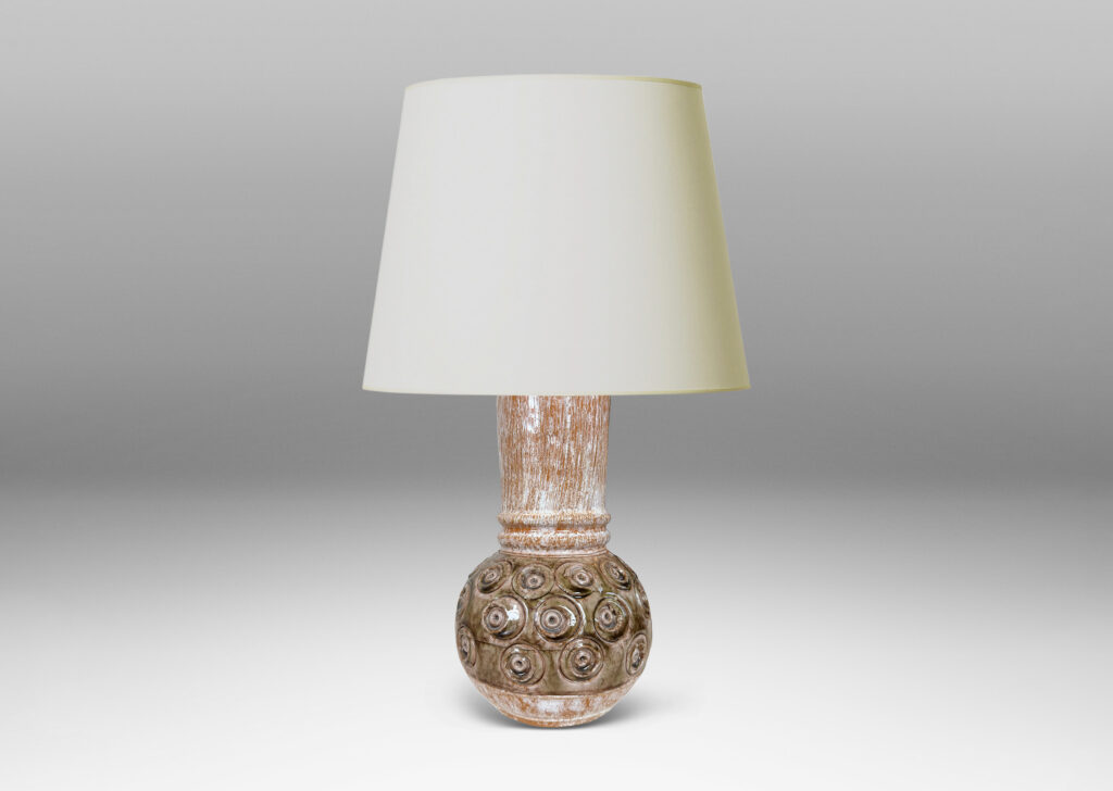 Gallery BAC plump globe forms with carved circle motifs glazed in shiny olive green-gray, and wide textured necks in partial white glaze
