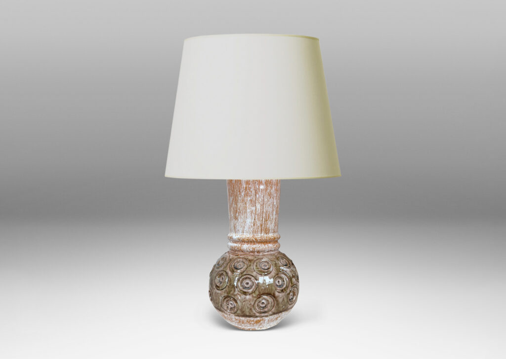 Gallery BAC plump globe forms with carved circle motifs glazed in shiny olive green-gray, and wide textured necks in partial white glaze