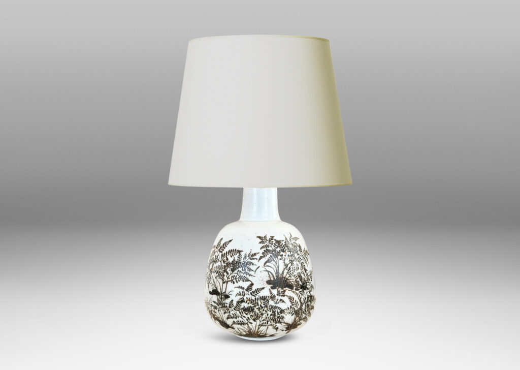 Gallery BAC compressed ovoid forms with necks, glazed in white with fern silhouette decorations in brown