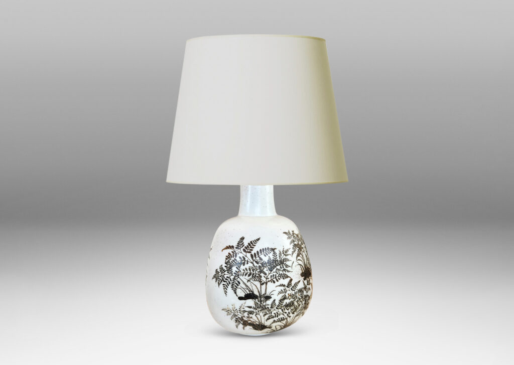 Gallery BAC compressed ovoid forms with necks, glazed in white with fern silhouette decorations in brown