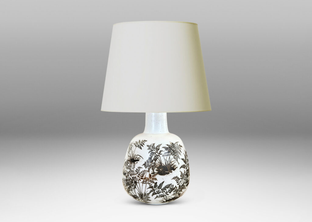 Gallery BAC compressed ovoid forms with necks, glazed in white with fern silhouette decorations in brown