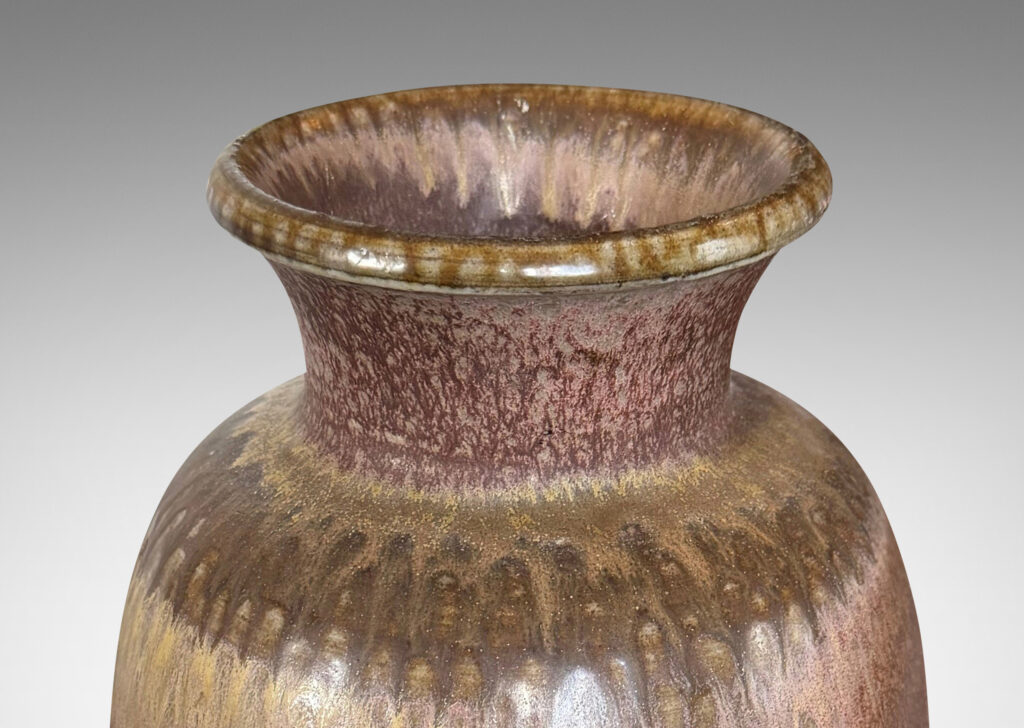 Gallery BAC tall ovoid form with flared mouth and neck, glazed in dark and cocoa brown