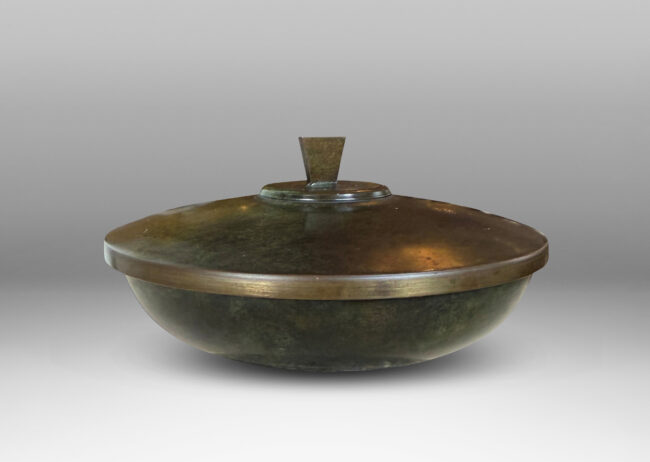 Gallery BAC wide bowl with shallow arced lid and trapezoidal finial, covered in original antique / verdigris patination