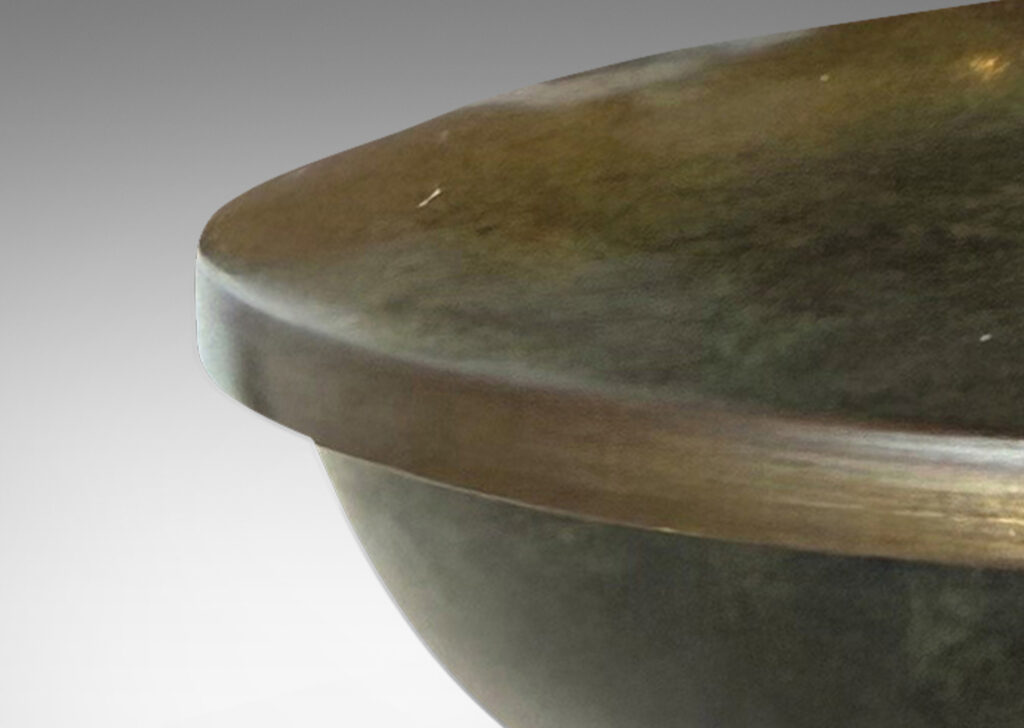 Gallery BAC wide bowl with shallow arced lid and trapezoidal finial, covered in original antique / verdigris patination