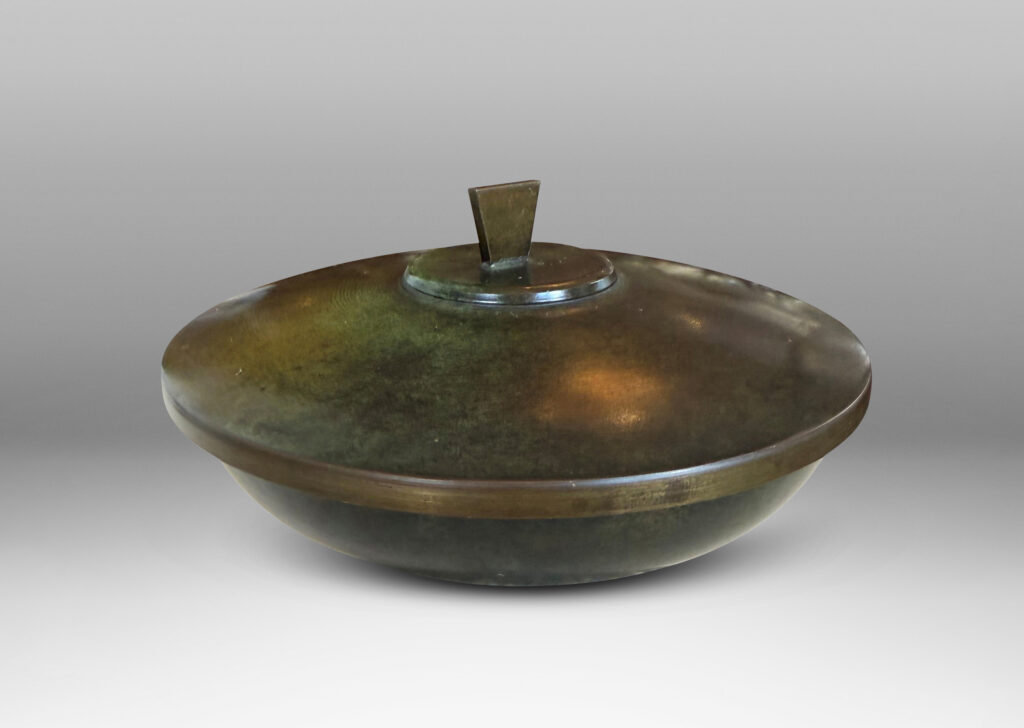 Gallery BAC wide bowl with shallow arced lid and trapezoidal finial, covered in original antique / verdigris patination