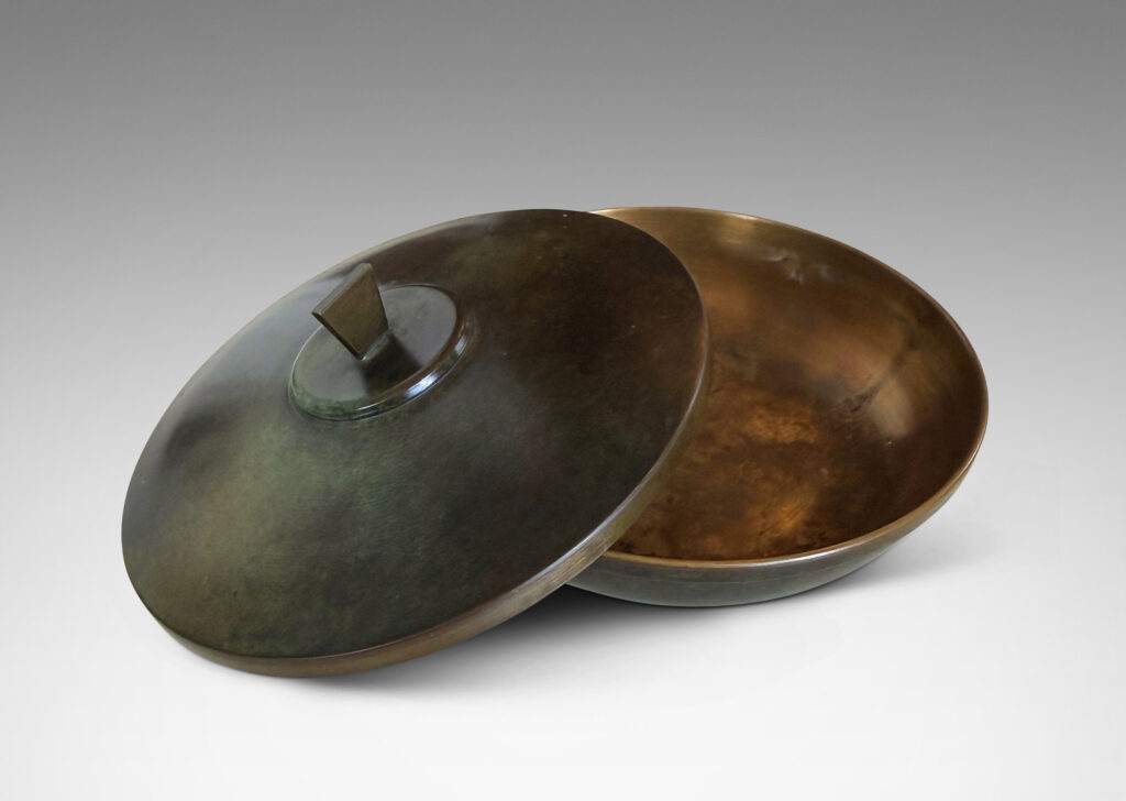 Gallery BAC wide bowl with shallow arced lid and trapezoidal finial, covered in original antique / verdigris patination