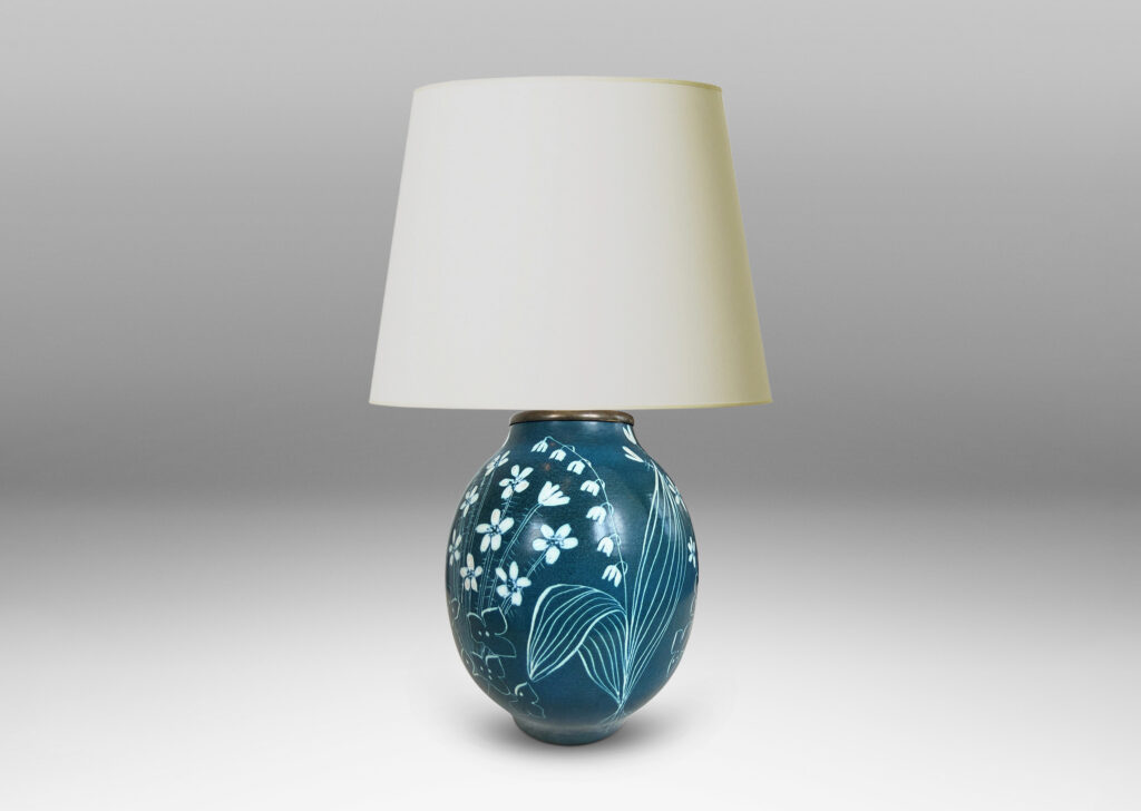 Gallery BAC ovoid form, glazed in turquoise with painterly wildflower designs in white
