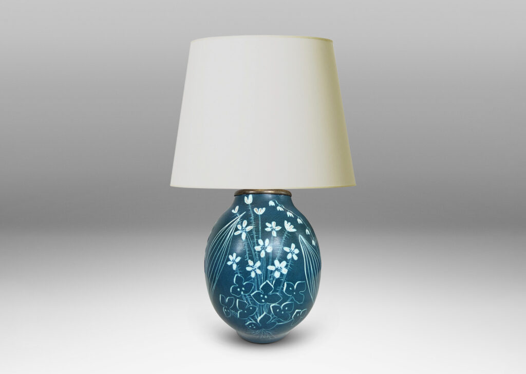 Gallery BAC ovoid form, glazed in turquoise with painterly wildflower designs in white