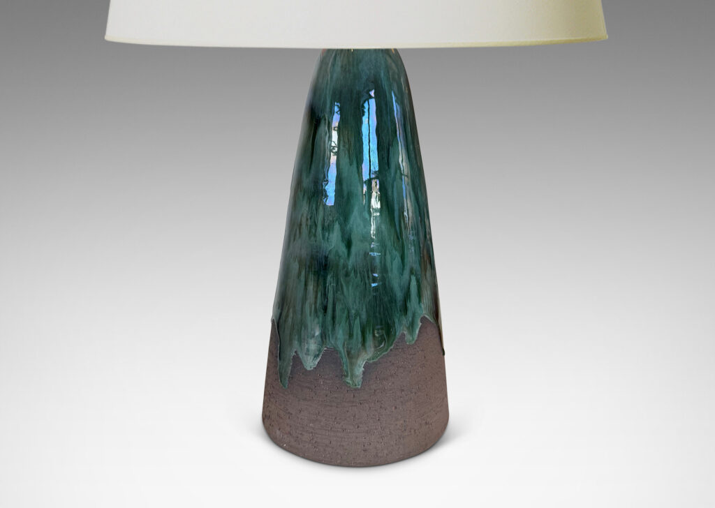 Gallery BAC conical form in matte brown overglazed with flowing glossy green-blue