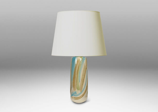 Gallery BAC upwardly tapered cylindrical form with reveal base and flange top, glazed in pale beige, with airily painted design in light brown, blue and green