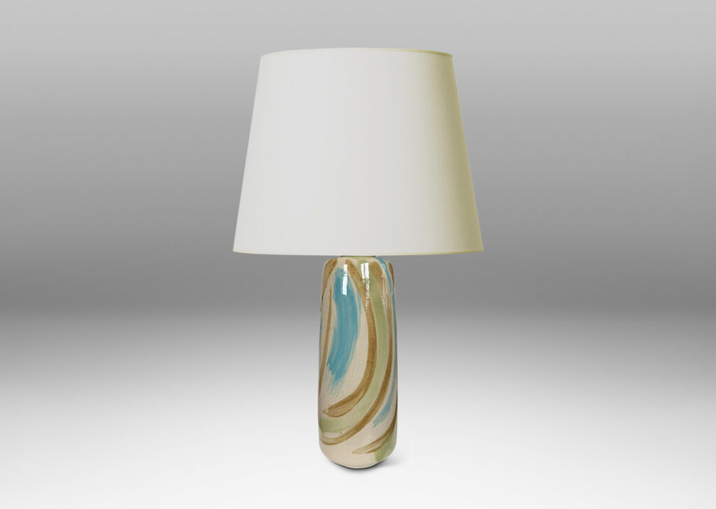 Gallery BAC upwardly tapered cylindrical form with reveal base and flange top, glazed in pale beige, with airily painted design in light brown, blue and green
