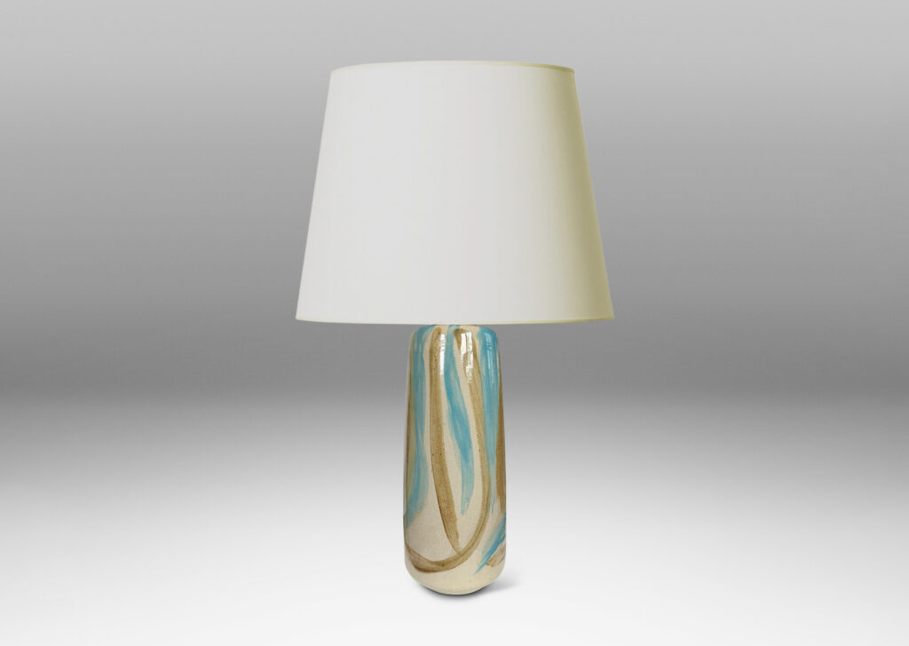 Gallery BAC upwardly tapered cylindrical form with reveal base and flange top, glazed in pale beige, with airily painted design in light brown, blue and green