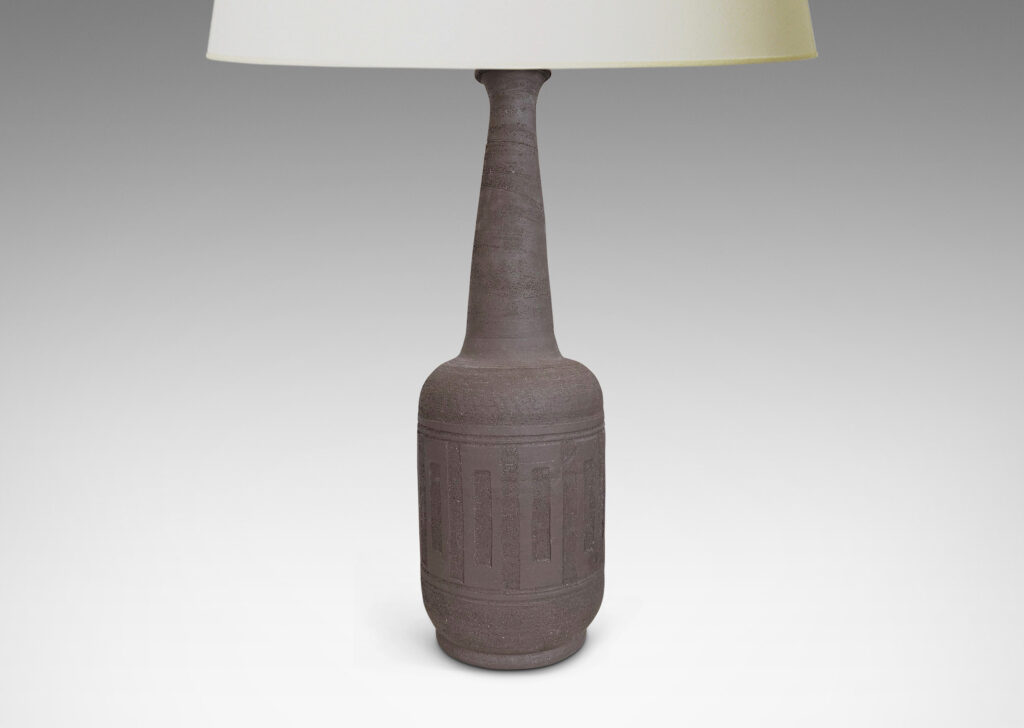 Gallery BAC tall conical neck, and band of shallow relief rectangles, glazed in a matte brown