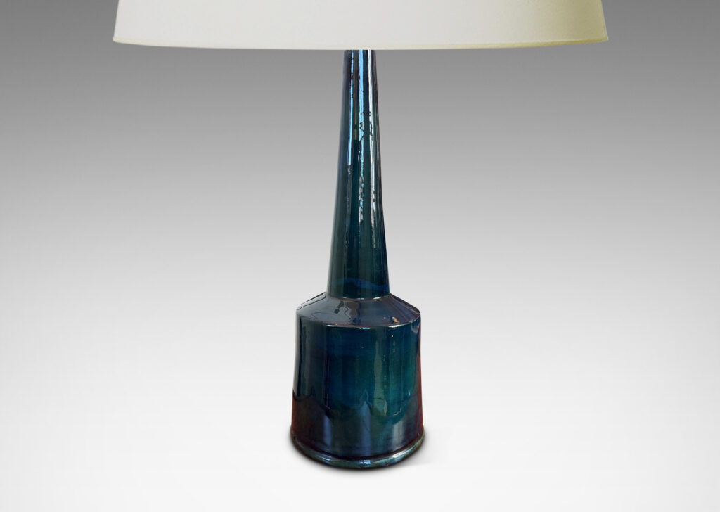 Gallery BAC cylindrical form with tall conical neck, glazed in a shiny teal blue