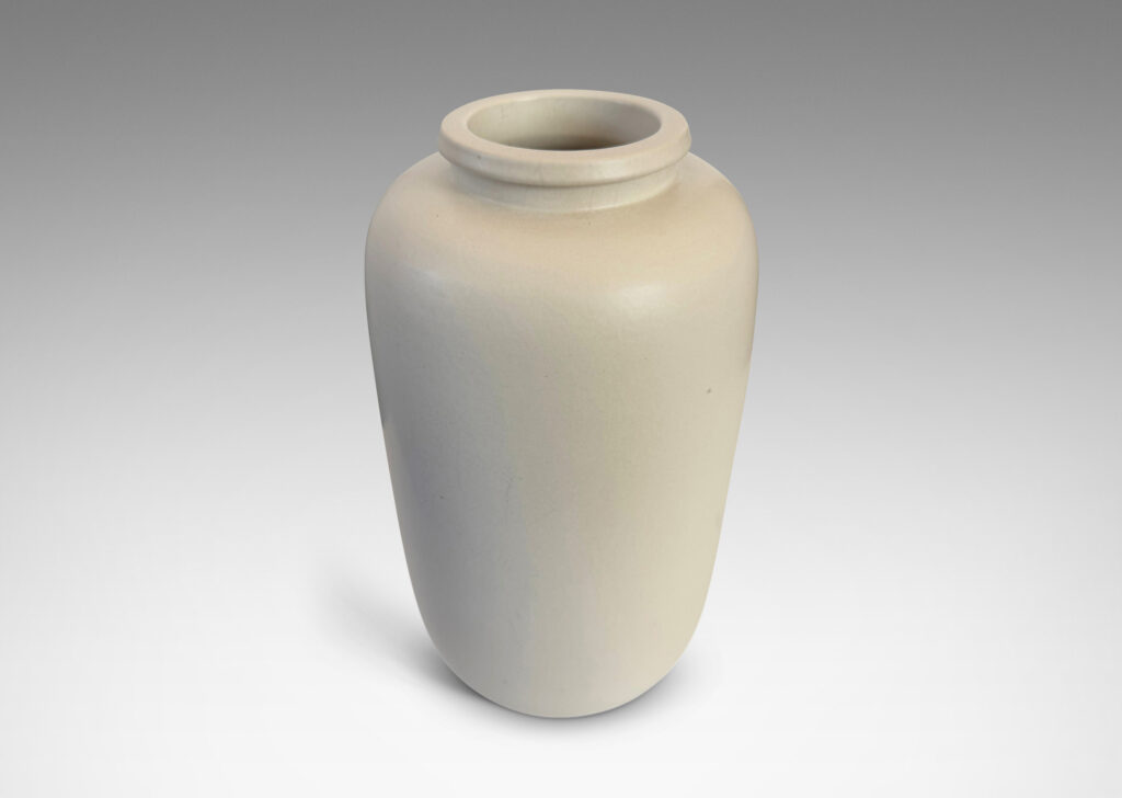 Gallery BAC all straight-sided ovoid form, with reveal base and flange lip, glazed in a velvet finish white with warm gray