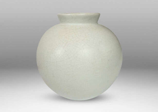 Gallery BAC small globe form with cuff lip, glazed in a velvet finish white with warm gray